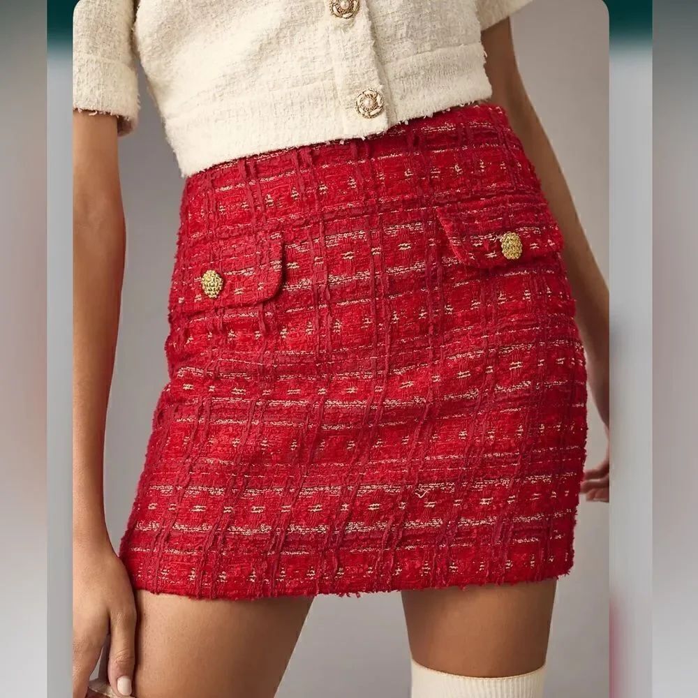 Anthropologie Endless Rose Red Tweed Gold Sparkle Holiday Mini Skirt